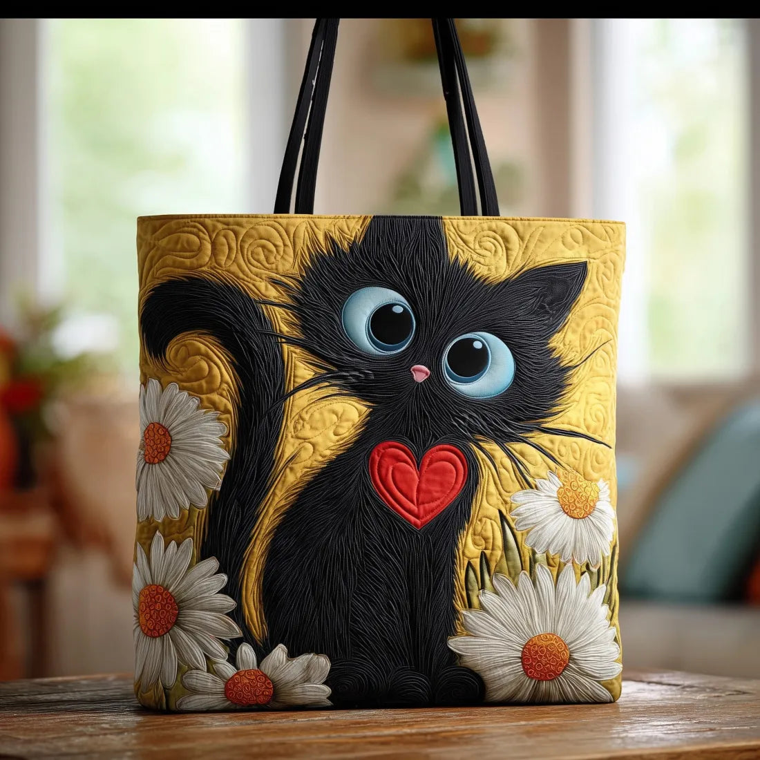 Bolso artesanal – Gato Negro con Margaritas
