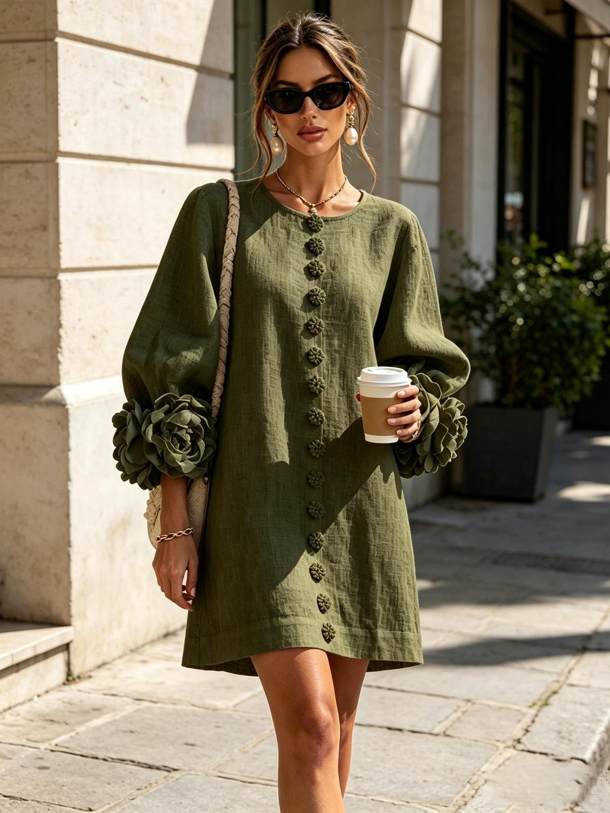 Vestido Mini de Mezcla de Lino con Puños de Flores, Verde Oliva