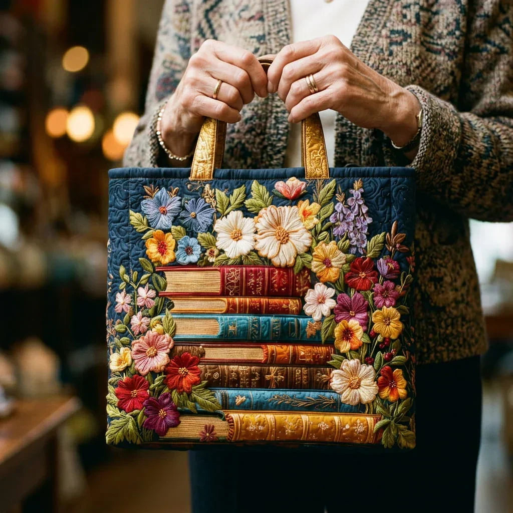 Bolso artesanal – Estampado floral y libros