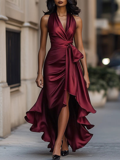 SOFIA | Vestido Largo de Satén con Cuello Halter y Volantes