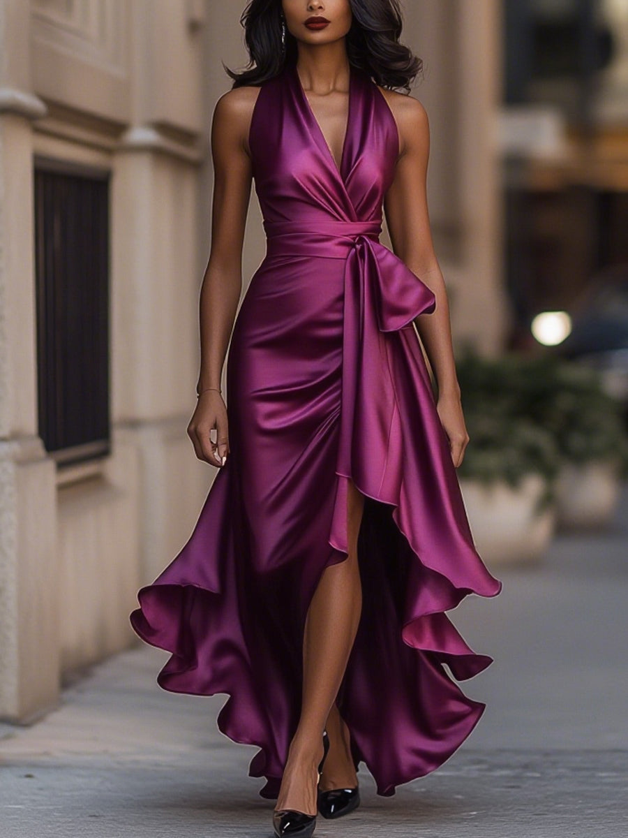 SOFIA | Vestido Largo de Satén con Cuello Halter y Volantes