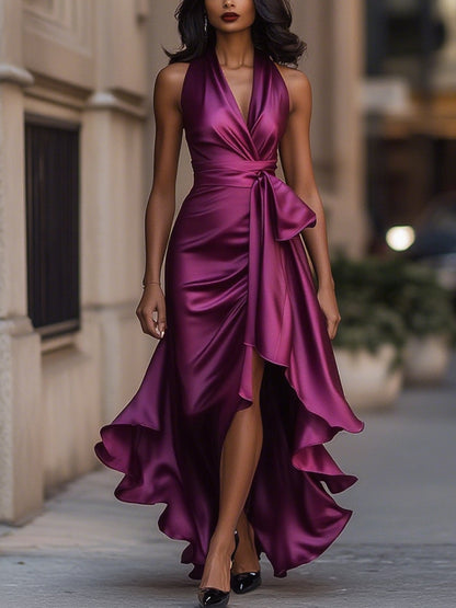 SOFIA | Vestido Largo de Satén con Cuello Halter y Volantes
