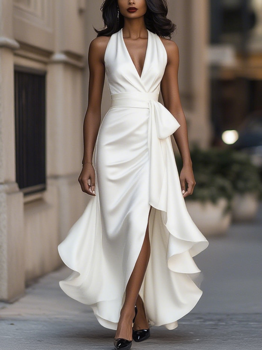 SOFIA | Vestido Largo de Satén con Cuello Halter y Volantes