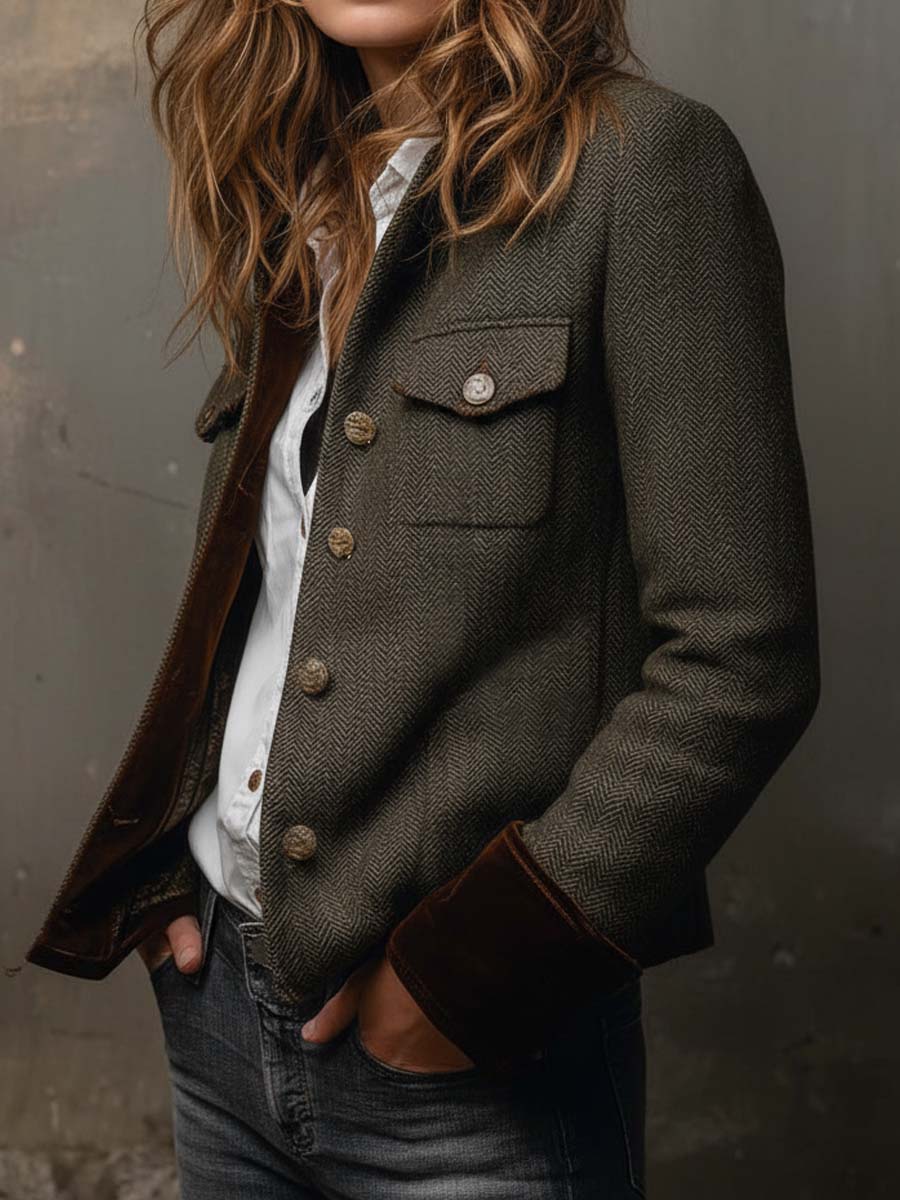 Estela| Blazer Vintage de Espiga con Ribetes en Contraste