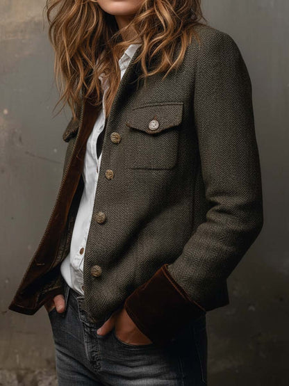 Estela| Blazer Vintage de Espiga con Ribetes en Contraste