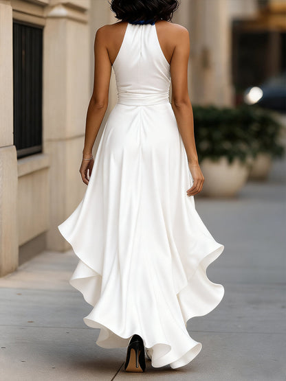 SOFIA | Vestido Largo de Satén con Cuello Halter y Volantes