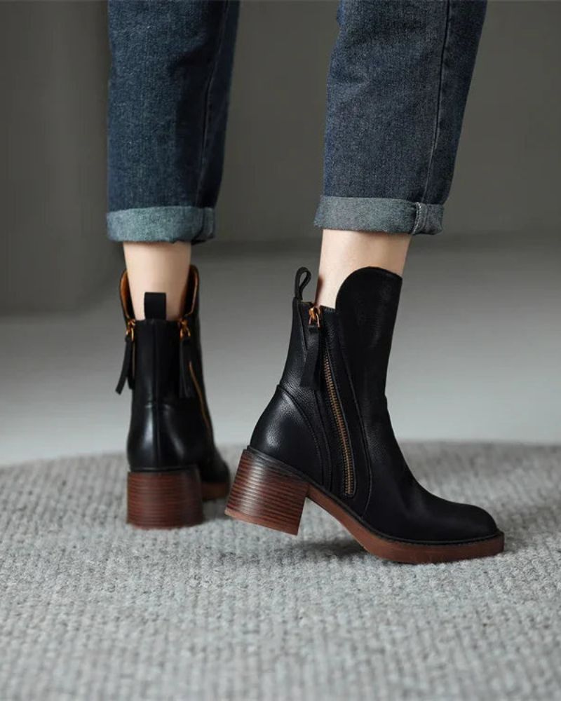 ELENA | Botas de Cuero con Tacón Cuadrado