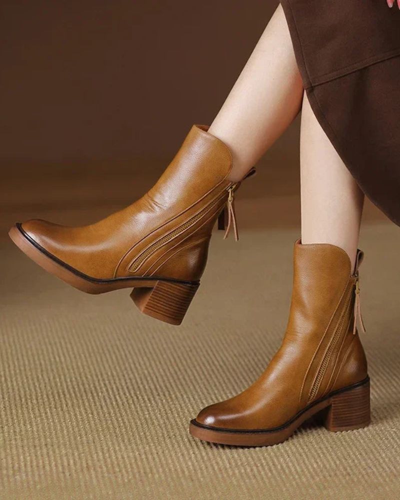 ELENA | Botas de Cuero con Tacón Cuadrado