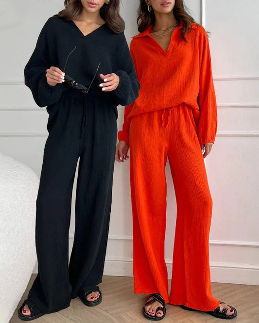 Conjunto de 4 Piezas: 2 Conjuntos Negros + 2 Conjuntos Naranjas con Tops Sencillos de Escote en V y Pantalones Casuales de Pierna Ancha