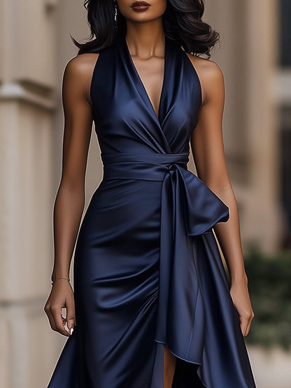 SOFIA | Vestido Largo de Satén con Cuello Halter y Volantes