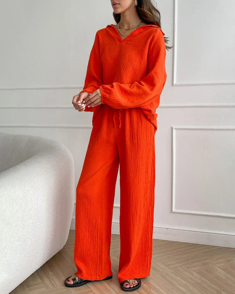 Conjunto de 4 Piezas: 2 Conjuntos Negros + 2 Conjuntos Naranjas con Tops Sencillos de Escote en V y Pantalones Casuales de Pierna Ancha
