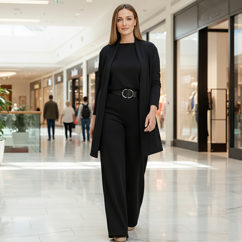 Elegante conjunto de 3 piezas con cárdigan largo, top y pantalón.