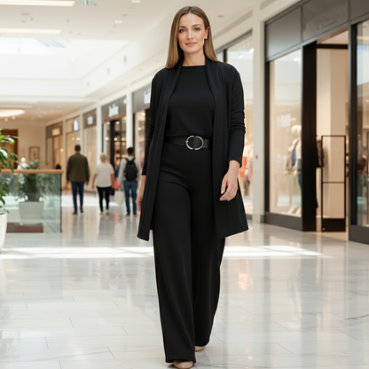 Elegante conjunto de 3 piezas con cárdigan largo, top y pantalón.