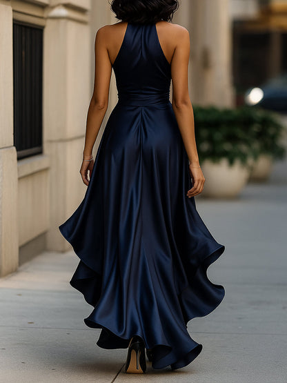 SOFIA | Vestido Largo de Satén con Cuello Halter y Volantes
