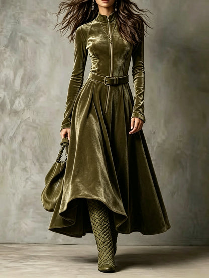 ELENA | Vestido largo de terciopelo verde oliva