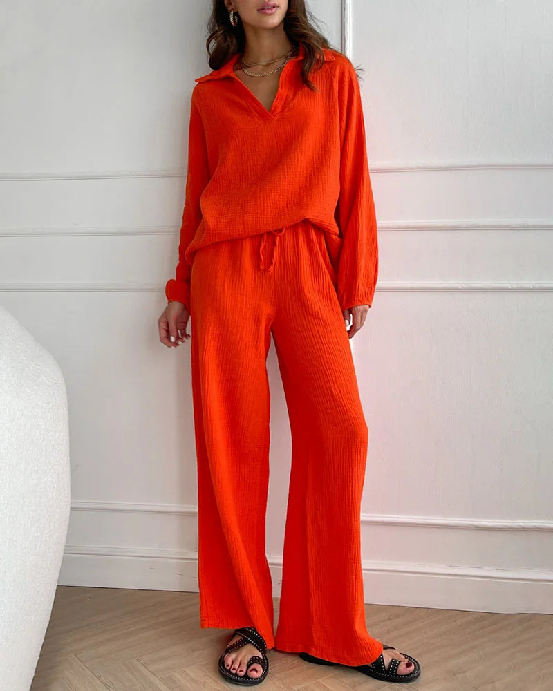Conjunto de 4 Piezas: 2 Conjuntos Negros + 2 Conjuntos Naranjas con Tops Sencillos de Escote en V y Pantalones Casuales de Pierna Ancha