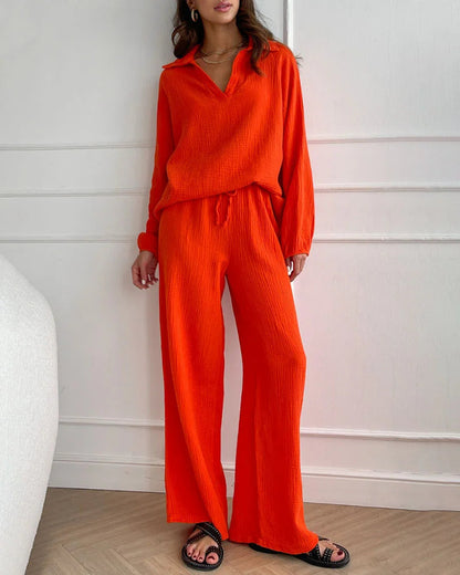Conjunto de 4 Piezas: 2 Conjuntos Negros + 2 Conjuntos Naranjas con Tops Sencillos de Escote en V y Pantalones Casuales de Pierna Ancha