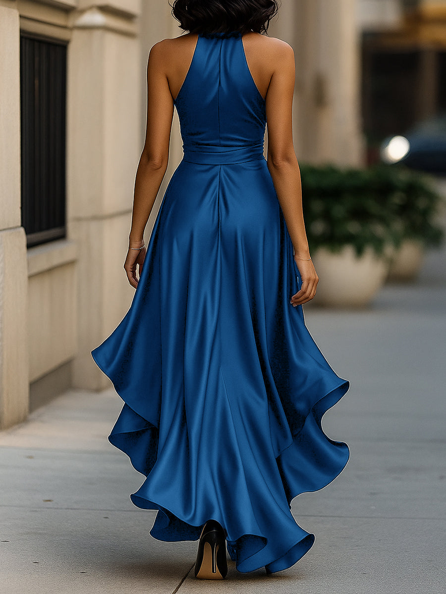 SOFIA | Vestido Largo de Satén con Cuello Halter y Volantes