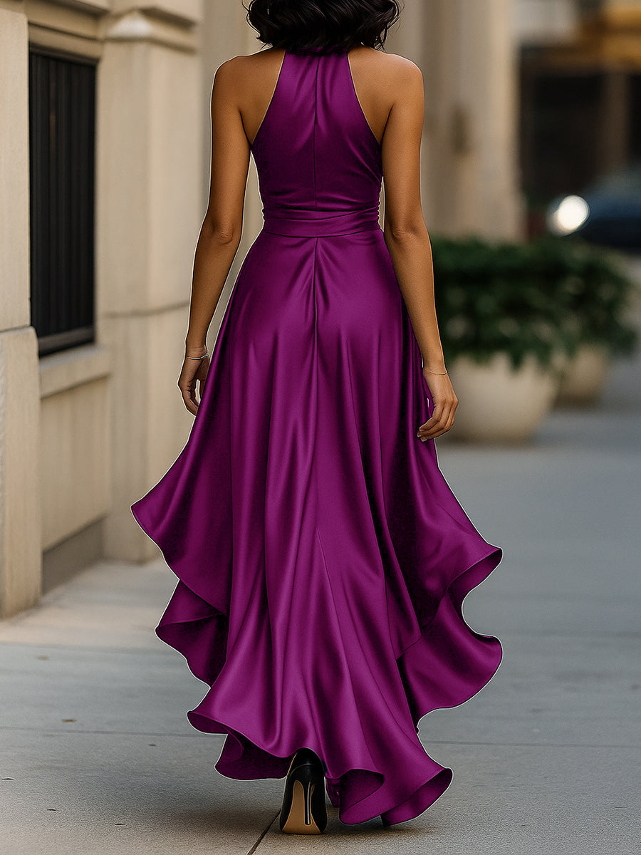 SOFIA | Vestido Largo de Satén con Cuello Halter y Volantes