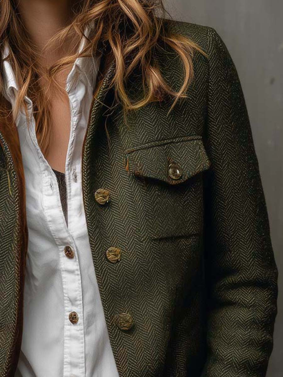 Estela| Blazer Vintage de Espiga con Ribetes en Contraste