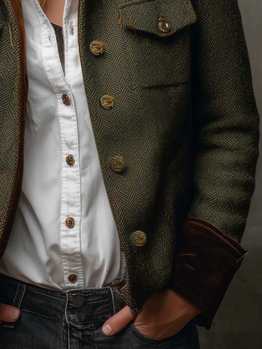 Estela| Blazer Vintage de Espiga con Ribetes en Contraste