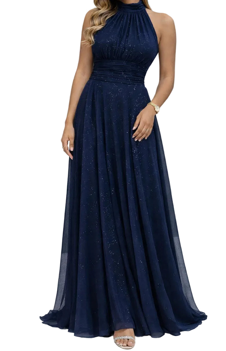 BERTA | Vestido Largo  Brillante con Escote Halter