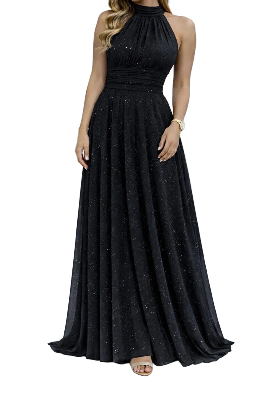BERTA | Vestido Largo  Brillante con Escote Halter