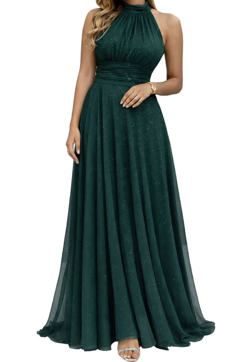 BERTA | Vestido Largo  Brillante con Escote Halter