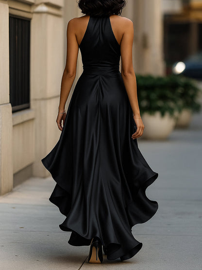 SOFIA | Vestido Largo de Satén con Cuello Halter y Volantes