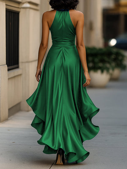 SOFIA | Vestido Largo de Satén con Cuello Halter y Volantes