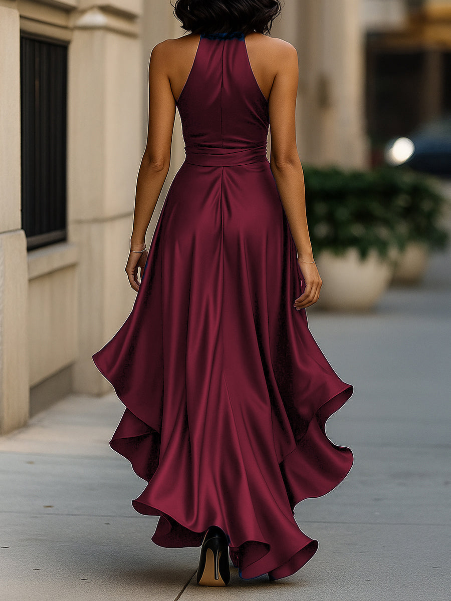 SOFIA | Vestido Largo de Satén con Cuello Halter y Volantes