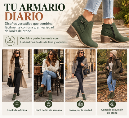 Botines para mujer con hebilla lateral inclinada, tacón grueso en el centro y cremallera lateral.