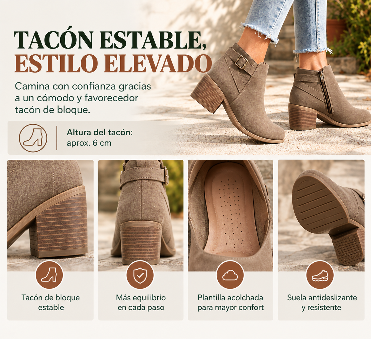 Botines para mujer con hebilla lateral inclinada, tacón grueso en el centro y cremallera lateral.