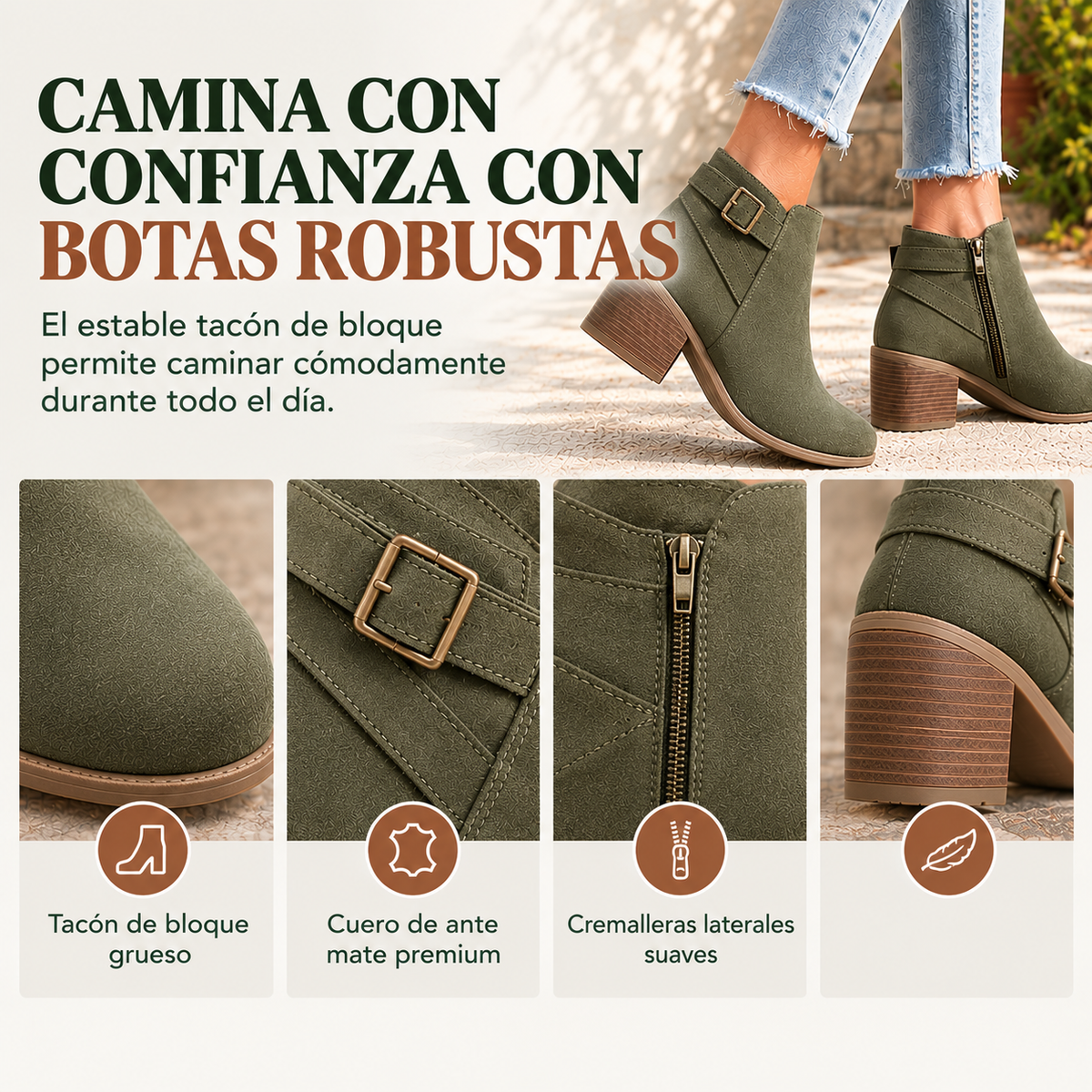 Botines para mujer con hebilla lateral inclinada, tacón grueso en el centro y cremallera lateral.