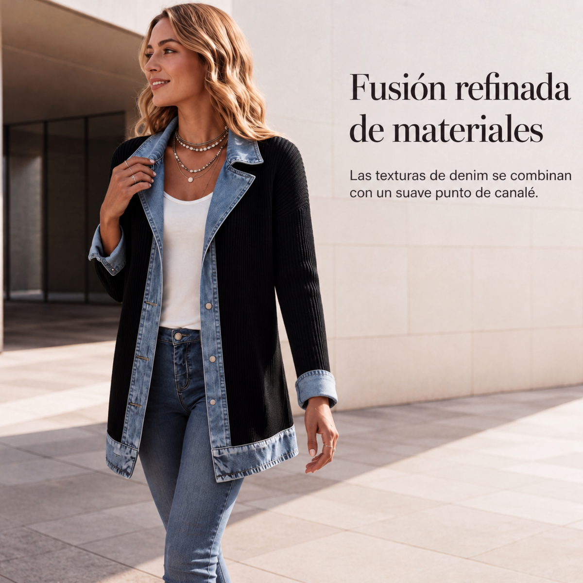 Camisa de mujer con mezcla de punto de canalé y denim