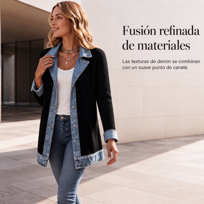 Camisa de mujer con mezcla de punto de canalé y denim