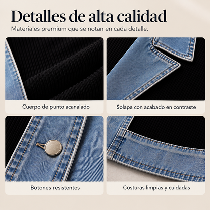 Camisa de mujer con mezcla de punto de canalé y denim