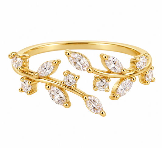 Anillo Dorado con Cristales y Diseño de Enredadera
