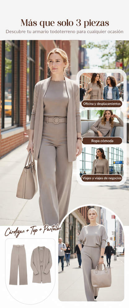Elegante conjunto de 3 piezas con cárdigan largo, top y pantalón.