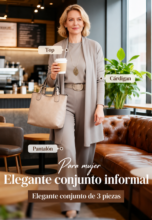 Elegante conjunto de 3 piezas con cárdigan largo, top y pantalón.