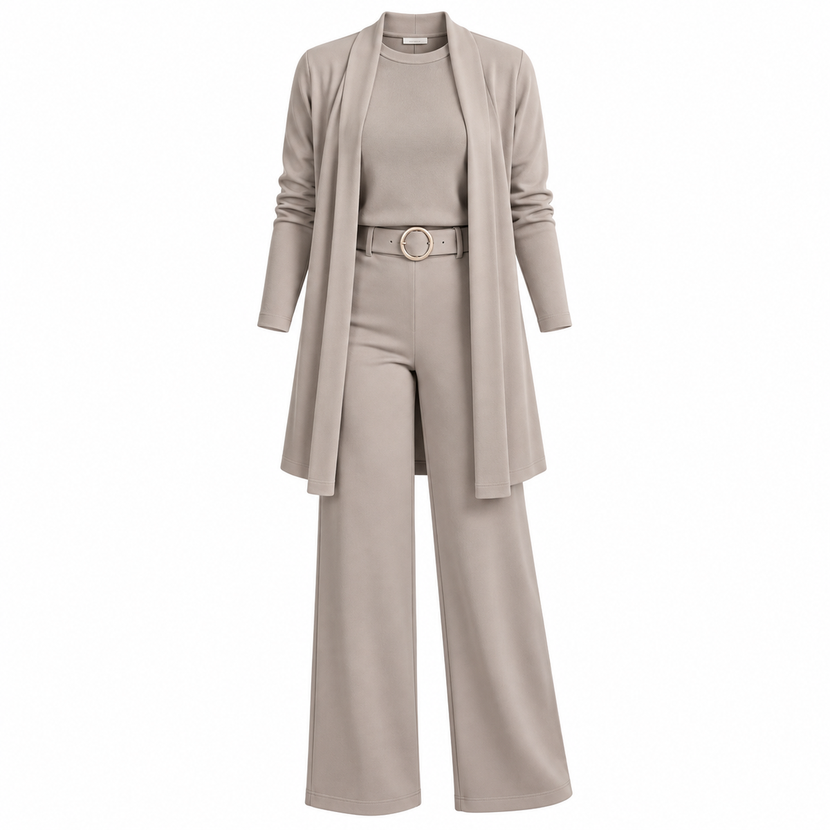Elegante conjunto de 3 piezas con cárdigan largo, top y pantalón.