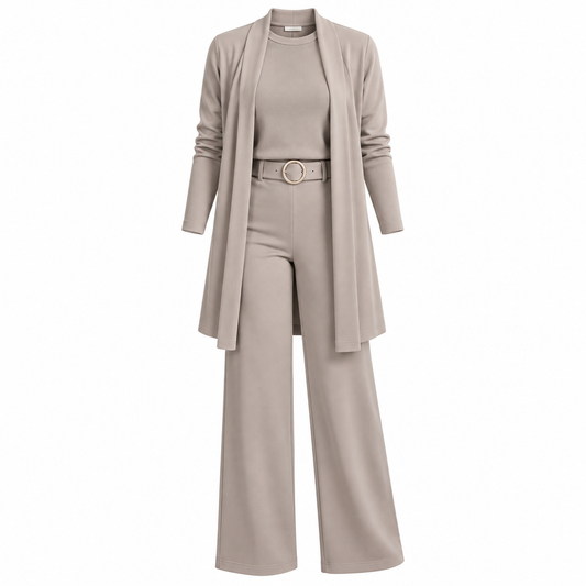 Elegante conjunto de 3 piezas con cárdigan largo, top y pantalón.