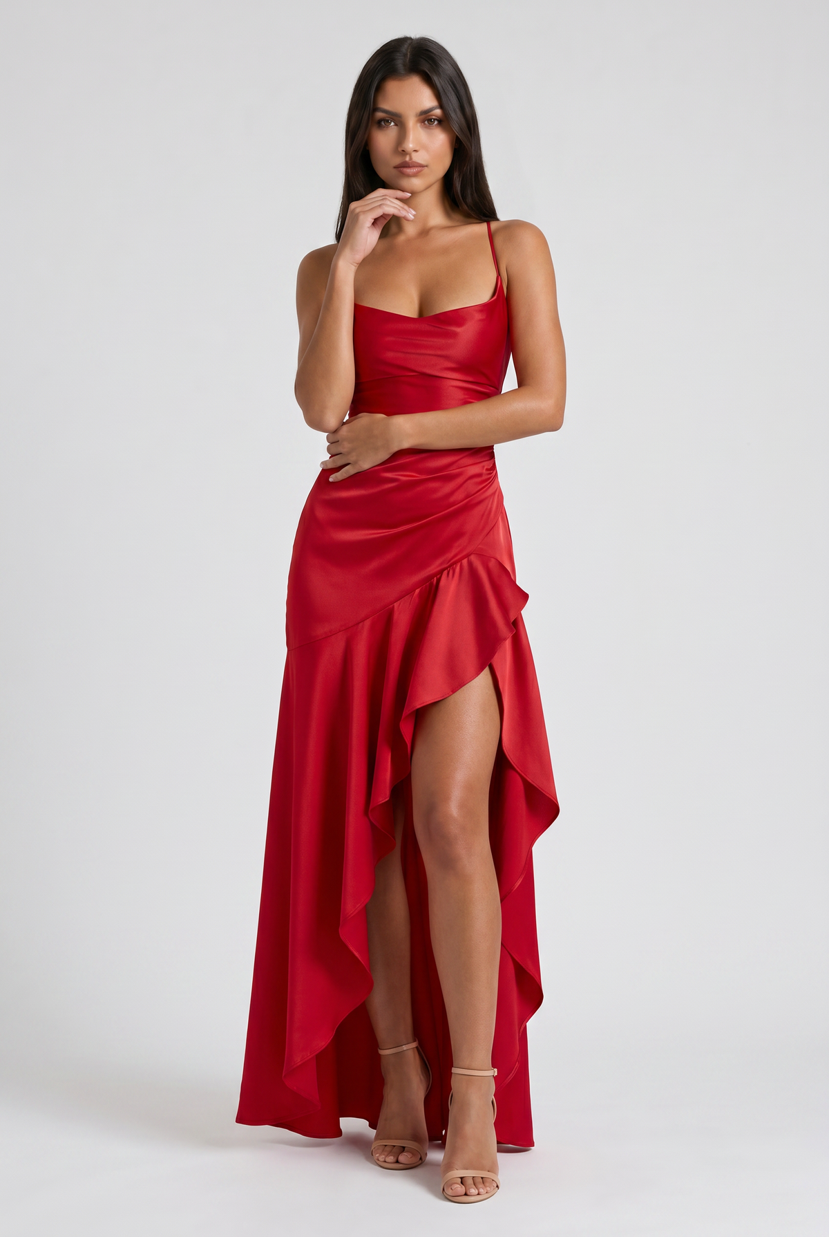 Vestido Maxi Burdeos con Drapeado y Abertura