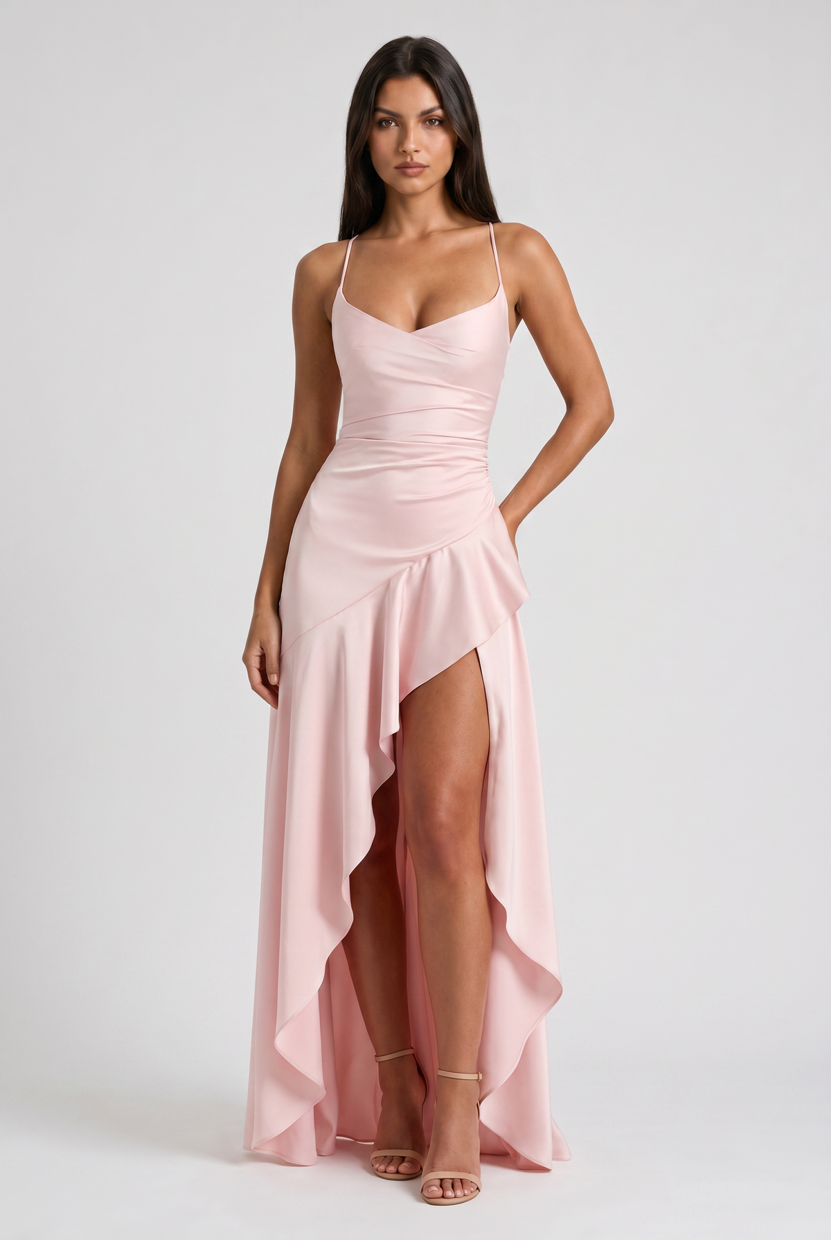 Vestido Maxi Burdeos con Drapeado y Abertura