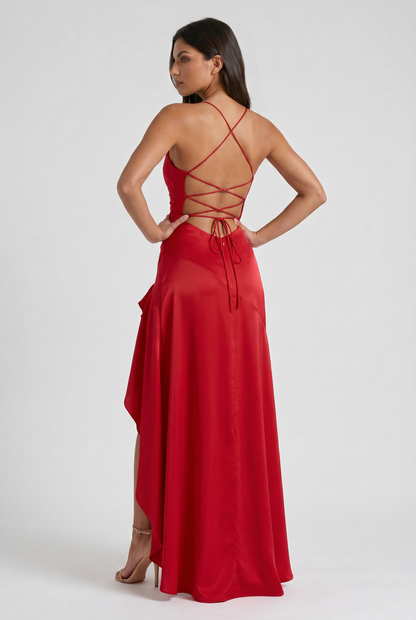 Vestido Maxi Burdeos con Drapeado y Abertura