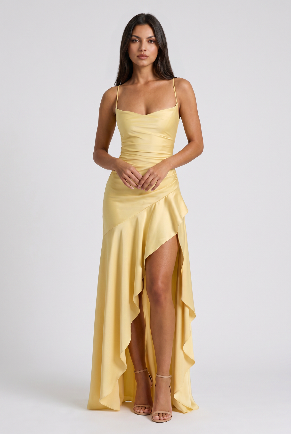 Vestido Maxi Burdeos con Drapeado y Abertura