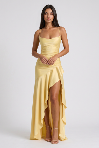 Vestido Maxi Burdeos con Drapeado y Abertura
