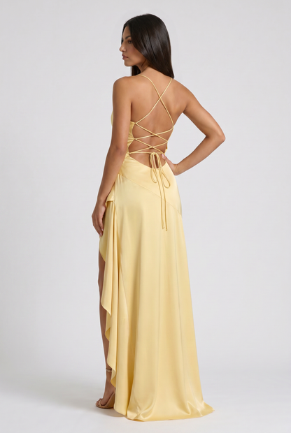 Vestido Maxi Burdeos con Drapeado y Abertura