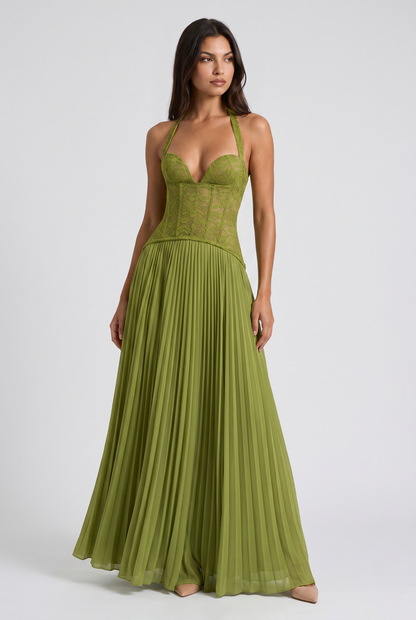 Vestido Verde Oliva de Encaje y Plisado