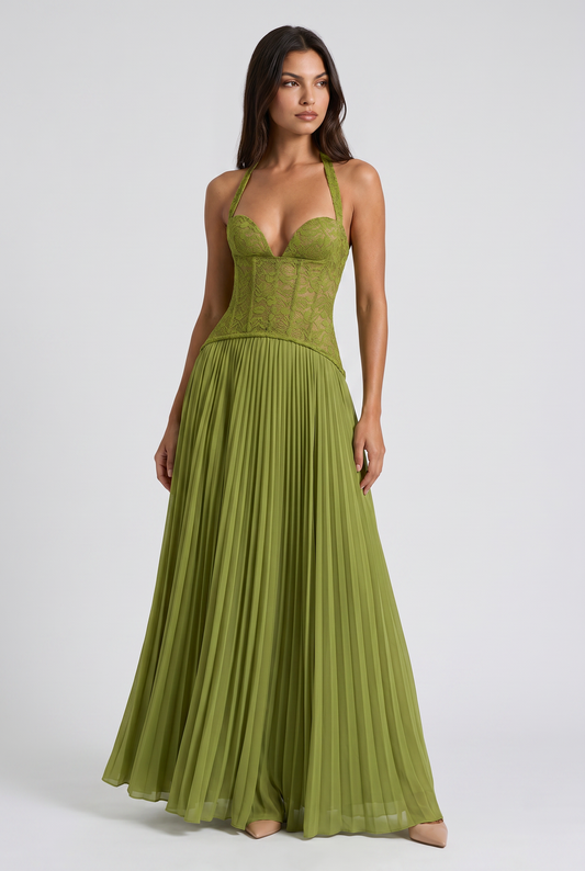 Vestido Verde Oliva de Encaje y Plisado